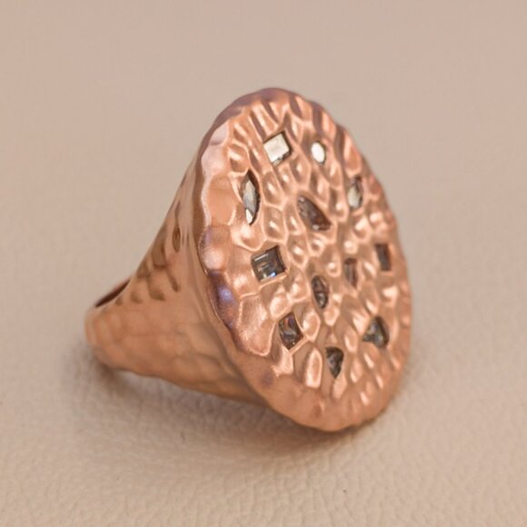 Sterling Silver Hammered Disc Ring with Mixed-Cut CZ — Rose Finish, Size 6 - Picture 3 of 11